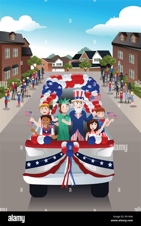 A Vector Illustration Of Kids In A Parade Celebrating Fourth Of July