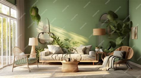 Premium AI Image | A living room with a green wall and a plant on the wall.