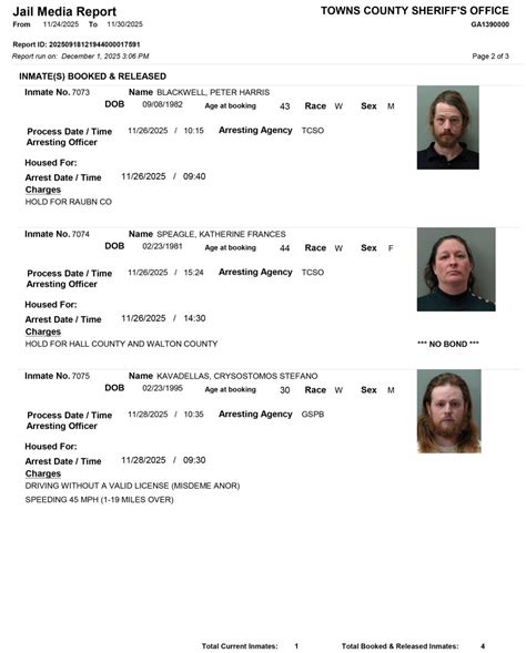 Towns County Sheriff’s Office Arrest Report 11/24 – 11/30/2025 - TownsTowns