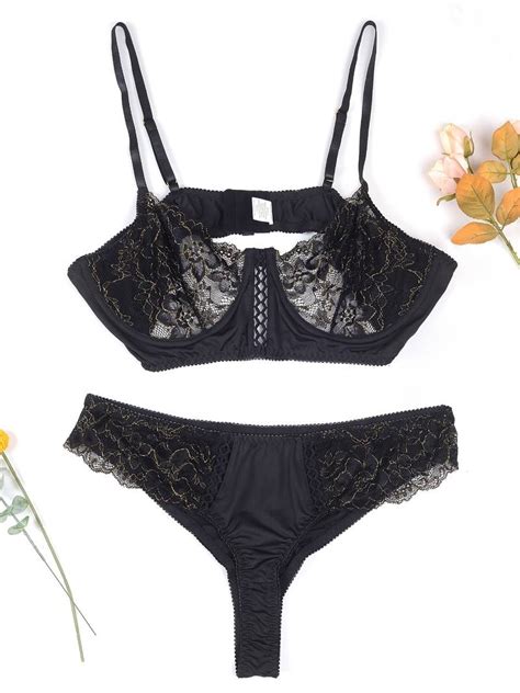 Plus Size Contrast Lace Semi Sheer Bra And Panty Sexy Lingerie Set Women