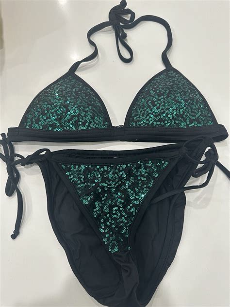 Venus Emerald Sequin Sparkly Bikini Top String Bott Gem