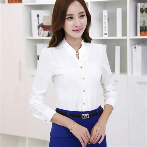 Lenshin Fashion White Long Sleeve V Neck Office Lady Blouse Ladies