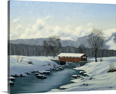 Covered Bridge Over Winter River | Great Big Canvas