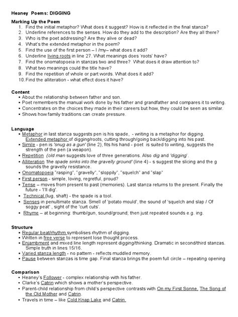 Heaney Poems: DIGGING Marking Up The Poem | PDF | Poetry | Metaphor