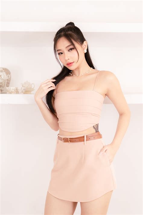 Faith Belted Curve Hem Skorts In Nude Pink Mikayla