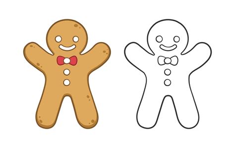 Gingerbread Man Cookie Outline And Colored Doodle Cartoon Illustration