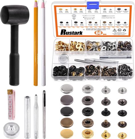 Rustark 60 Sets 15mm 5 Colors Leather Snap Fasteners Kit With Hammer