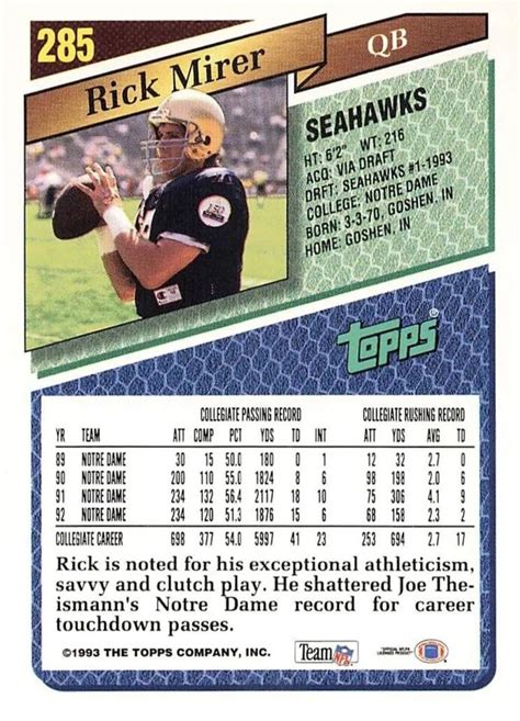 1993 Topps Rick Mirer Draft Pick 285 Rookie Football Card Sesttle