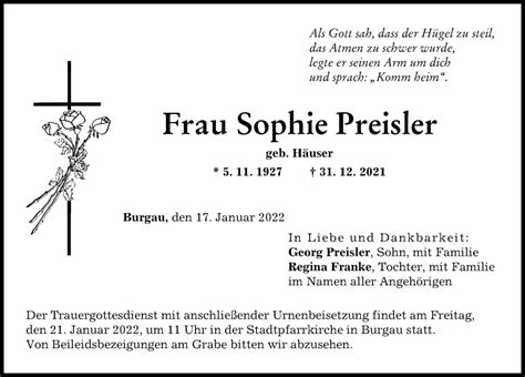 Traueranzeigen Von Sophie Preisler Augsburger Allgemeine Zeitung