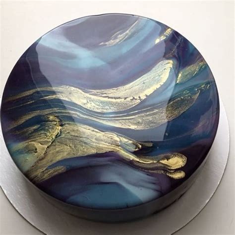 White Backgorund Galaxy Mirror Cake With Blue Gold Purple White Mirror