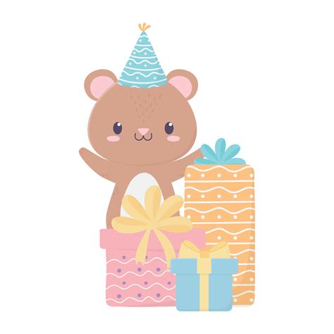 happy birthday little bear party hat and gift boxes celebration ...