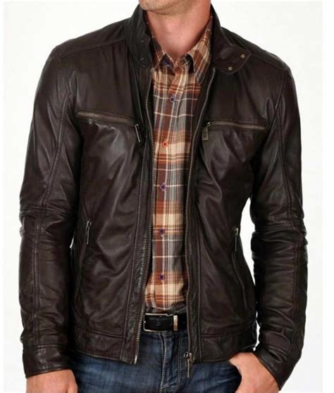 Mens Casual Wear Zipper Pockets Snap Tab Collar Dark Brown Leather Jacket Jackets Creator