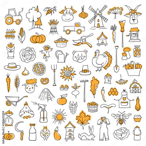 Set Of Doodle Elements On The Theme Of Harvest Farming Symbols Hand Drawn Vector A