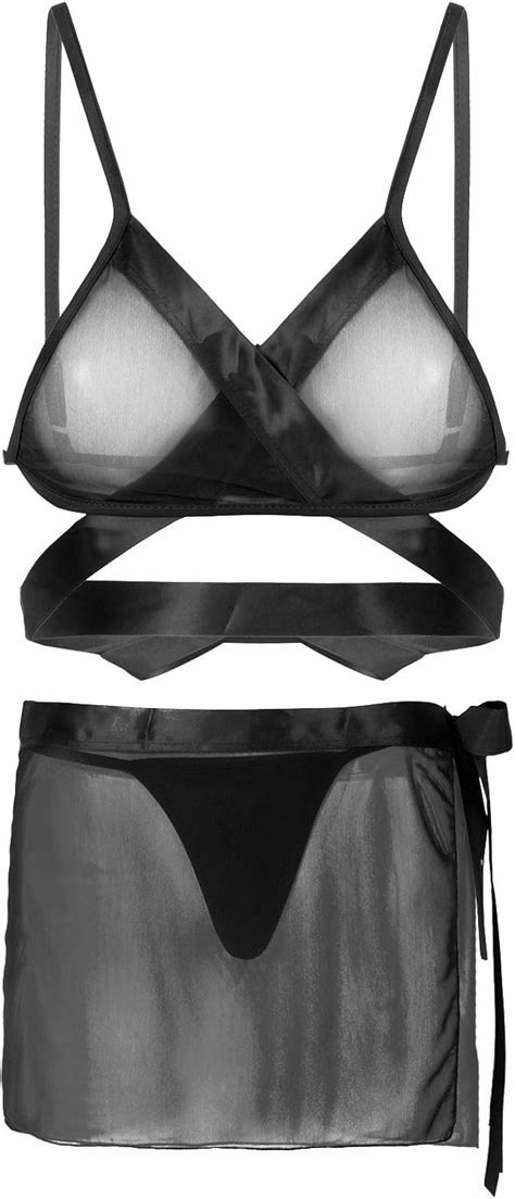 Winying Damen Transparent Dessous Set Crossover BH Bikini Oberteil Mesh