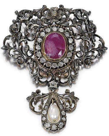 An Antique Silver Gold Ruby Diamond And Pearl Brooch Th Century