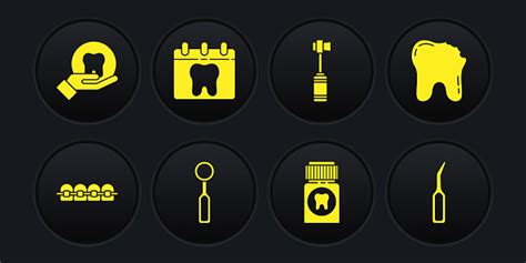 교정기 부러진 치아 치과 검사 거울 진통제 태블릿 칫솔 달력 탐색기 스케일러 및 아이콘으로 치아를 설정합니다 벡터 거울에 대한