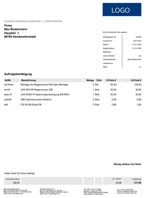 Auftragsbestätigung Muster für das Handwerk