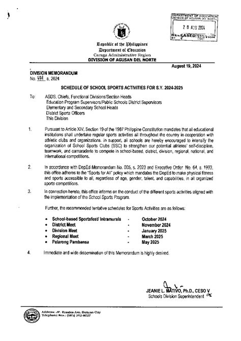DM471s2024 Schedule of School Sports Activities for SY 2024 2025