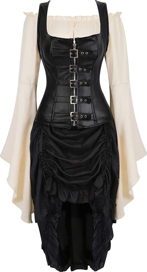 Grebrafan Leather Corset Pirate Skirt With Blouse Steampunk 3 Piece