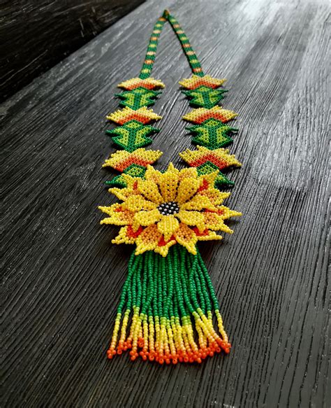 Sunflower Long Tassel Huichol Art Seed Bead Necklace Boho Etsy