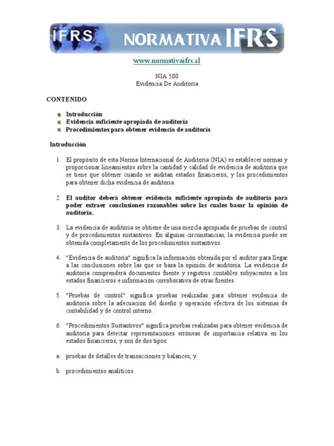 Nia 500 Evidencia De Auditoria Pdf Auditoría Financiera Contralor