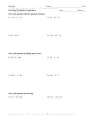 Solving Quadratic Equations: Step-by-Step Worksheet for Math 2H ...