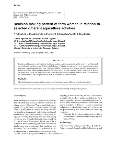 Pdf Decision Making Pattern Of Farm Women In Relation To Selected