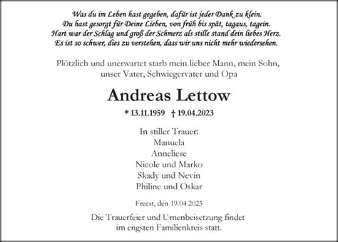 Traueranzeigen Von Andreas Lettow Trauer Anzeigen De