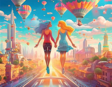 Loving Lesbian LGTB Couple Levitating In Futuristic City With Floating Vehicles Sci Fi Urban