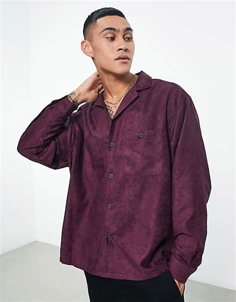 Asos Design Boxy Oversized Suede Shirt With Revere Collar In Burgundy