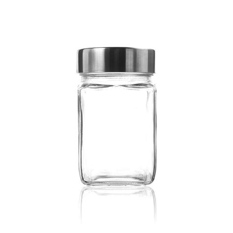 Square Food Packaging Storage Clear Glass Jar 300ml With Screw Metal