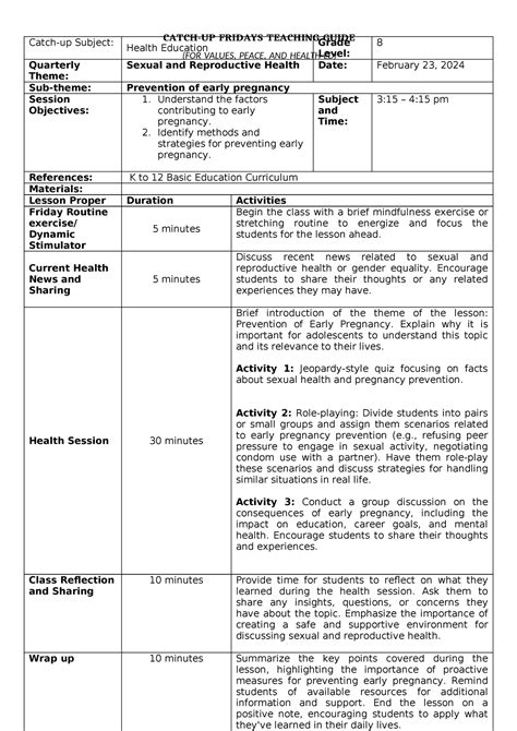 Grade 8 Health Ed Catch Up Plan CATCH UP FRIDAYS TEACHING GUIDE FOR