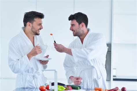 Le Giovani Coppie Gay Hanno Prima Colazione Nella Cucina Nel Giorno Soleggiato Immagine Stock