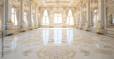 A realistic fantasy white gold marble interior of the royal palace ...