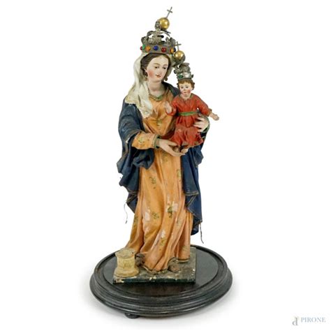 Madonna Col Bambino Scultura In Terracotta E Cartapesta Entro Campana