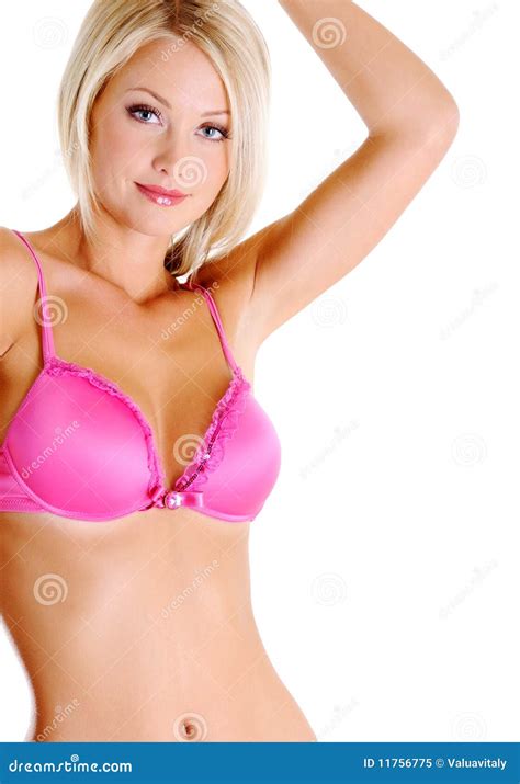 Blonde Vrouw Met Een Naakt Lichaam In Een Roze Bustehouder Stock Afbeelding Image Of Mooi