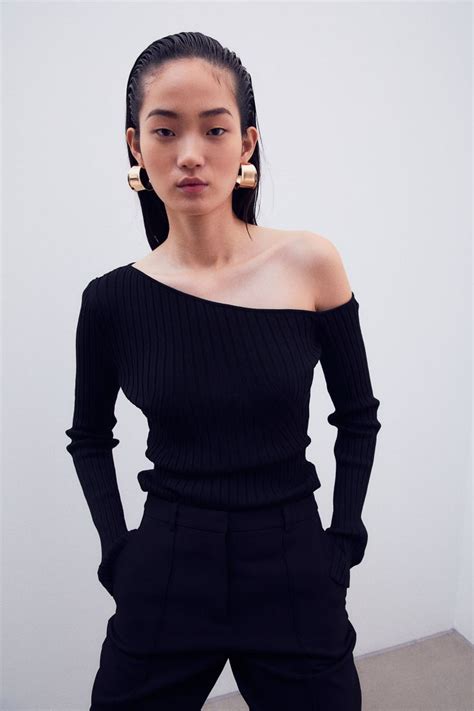 Rib Knit One Shoulder Top Asymmetric Neckline Long Sleeve Black