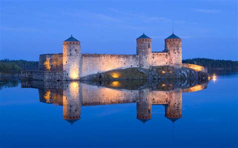 Fondos de pantalla Lago castillo luz noche reflexión azul