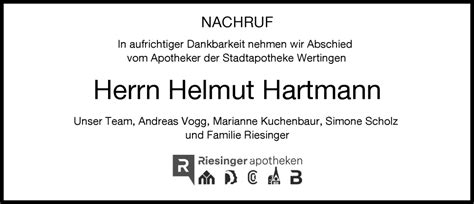 Traueranzeigen Von Helmut Hartmann Augsburger Allgemeine Zeitung