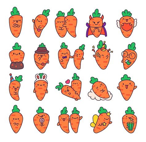 Premium Vector Kawaii Carrot With Funny Faces Cute Cartoon Happy Food