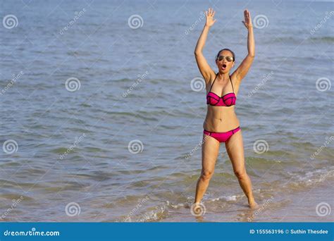 Woman And Bikini Pink Show Exercise On Beach Stock Photo Image Of Model Pink