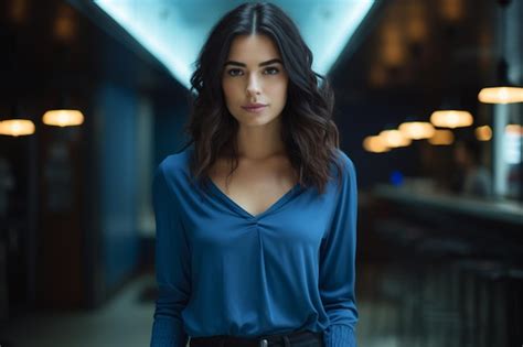 Premium Ai Image Pretty Cute Model Wearing Blue Long Sleeves With Blonde Hair