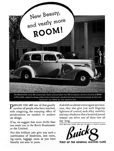 1936 Buick Roadmaster Ad New Beauty And Vastly More Room