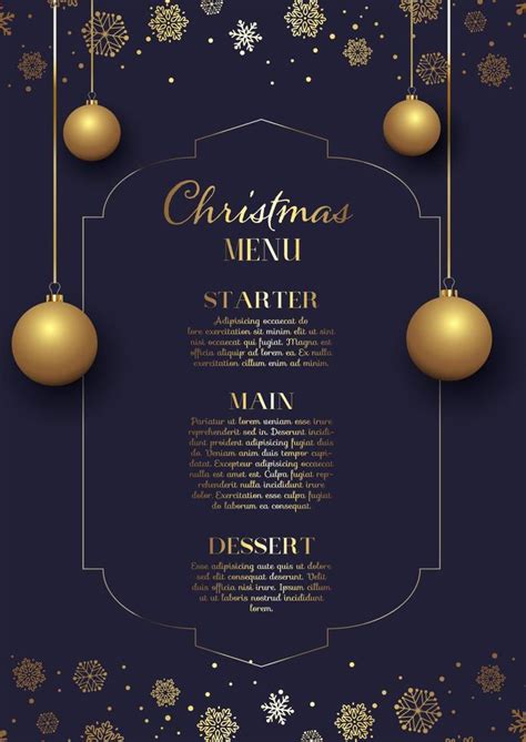 Elegant Christmas Menu Design With Hanging Baubles And Snowflakes