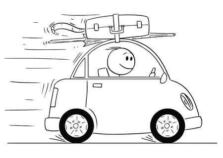 Cartoon stick man drawing conceptual illustration of smiling man in small car going on holiday o ...