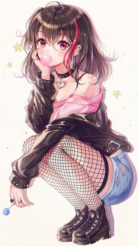 Fishnet Stockings Brunette Anime Girls Red Eyes Artwork Vertical