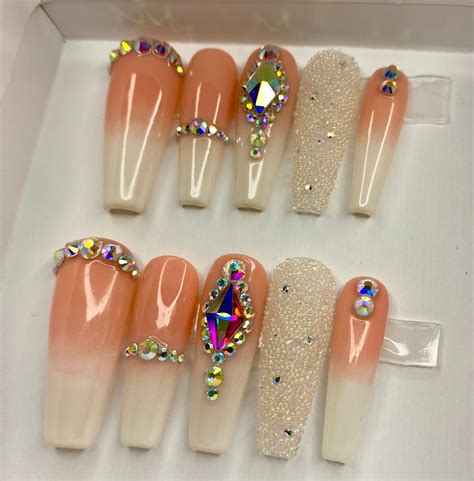 Nude Pink And White Ombr Crystal Rhinestones Press On Nails Styled In Long Ballerina Etsy