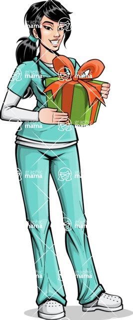 Pop Art Style Female Nurse Cartoon Character With A Birthday Present