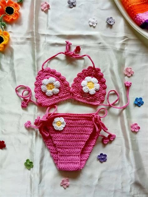 Crochet Bikini Pink Colour Daisy Flowers Pattern Handmade Background