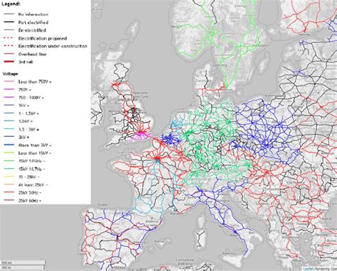 Map of rail line electrification voltage in Europe (source: [31 ...